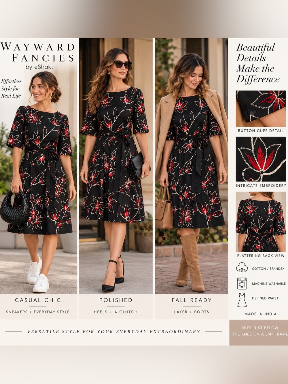 NWT Wayward Fancies Embroidered Floral Belted Midi Dress Black Red